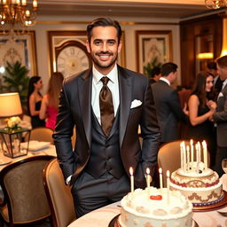 A well-dressed man celebrating his birthday, wearing luxurious designer clothing including a tailored suit with a stylish tie, exuding elegance and sophistication