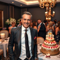 A well-dressed man celebrating his birthday, wearing luxurious designer clothing including a tailored suit with a stylish tie, exuding elegance and sophistication