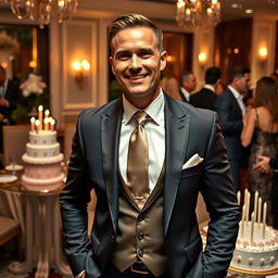 A well-dressed man celebrating his birthday, wearing luxurious designer clothing including a tailored suit with a stylish tie, exuding elegance and sophistication
