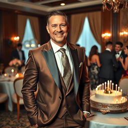 A well-dressed man celebrating his birthday, wearing luxurious designer clothing including a tailored suit with a stylish tie, exuding elegance and sophistication