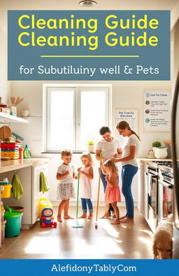 A comprehensive cleaning guide designed for families with kids and pets, featuring a bright and cheerful kitchen scene