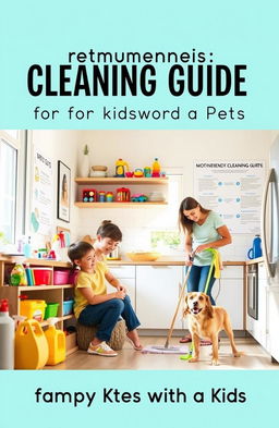 A comprehensive cleaning guide designed for families with kids and pets, featuring a bright and cheerful kitchen scene
