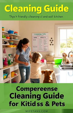 A comprehensive cleaning guide designed for families with kids and pets, featuring a bright and cheerful kitchen scene