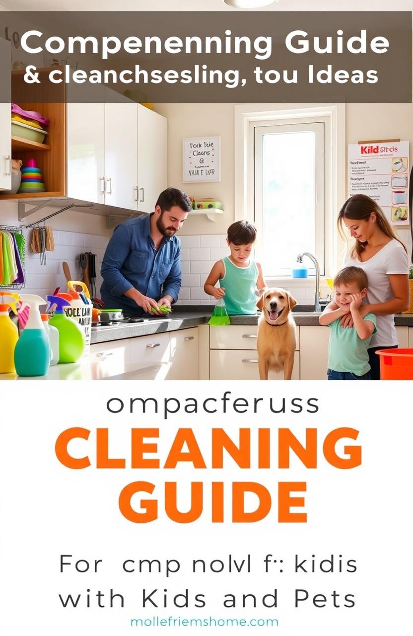 A comprehensive cleaning guide designed for families with kids and pets, featuring a bright and cheerful kitchen scene
