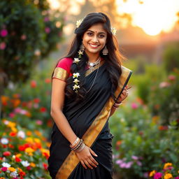 A traditional Indian girl wearing a beautiful black saree, standing gracefully in a lush garden with colorful flowers surrounding her