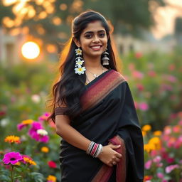 A traditional Indian girl wearing a beautiful black saree, standing gracefully in a lush garden with colorful flowers surrounding her