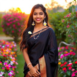 A traditional Indian girl wearing a beautiful black saree, standing gracefully in a lush garden with colorful flowers surrounding her