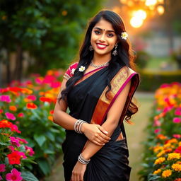 A traditional Indian girl wearing a beautiful black saree, standing gracefully in a lush garden with colorful flowers surrounding her