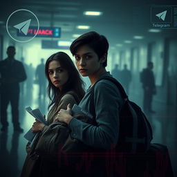 A suspenseful and cinematic digital artwork depicting three college-aged friends in their early 20s inside a dimly lit international airport