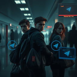 A suspenseful and cinematic digital artwork depicting three college-aged friends in their early 20s inside a dimly lit international airport