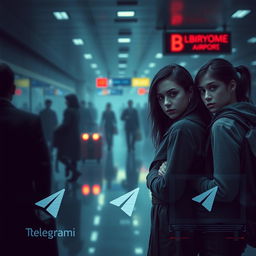 A suspenseful and cinematic digital artwork depicting three college-aged friends in their early 20s inside a dimly lit international airport