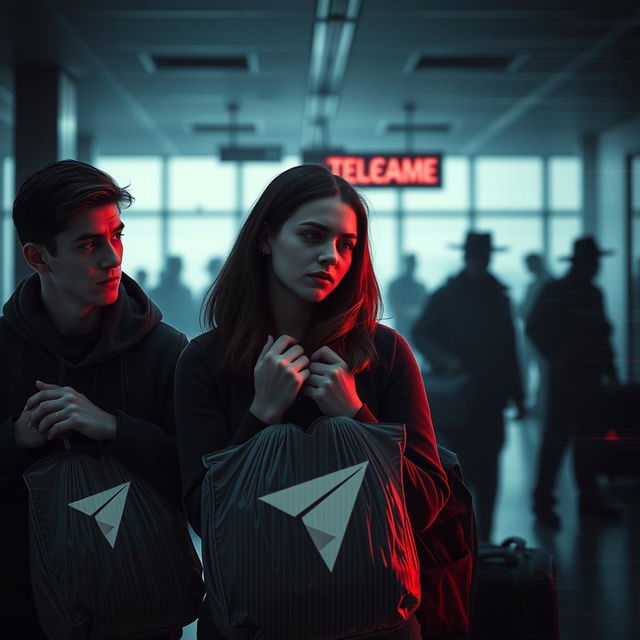 A suspenseful and cinematic digital artwork depicting three college-aged friends in their early 20s inside a dimly lit international airport