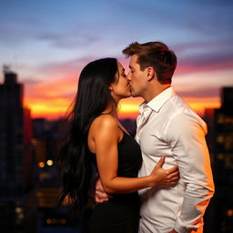 A romantic scene featuring two adults passionately kissing each other