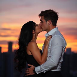 A romantic scene featuring two adults passionately kissing each other