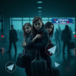 A suspenseful and cinematic digital artwork depicting three college-aged friends in their early 20s, positioned inside a dimly lit international airport
