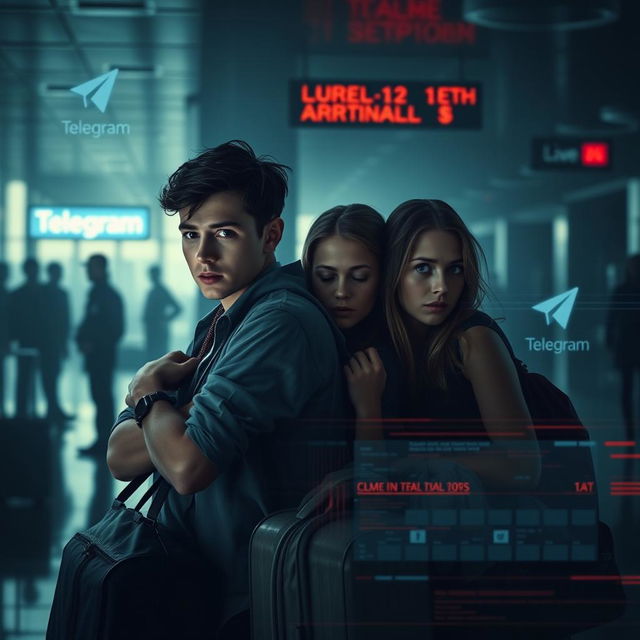 A suspenseful and cinematic digital artwork depicting three college-aged friends in their early 20s, positioned inside a dimly lit international airport