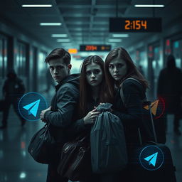 A suspenseful and cinematic digital artwork depicting three college-aged friends in their early 20s, positioned inside a dimly lit international airport