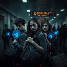 A suspenseful and cinematic digital artwork depicting three college-aged friends in their early 20s, positioned inside a dimly lit international airport