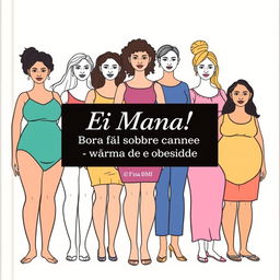 A book cover for the title "Ei Mana! Bora Falar sobre câncer de mama e obesidade" prominently displayed inside a stylish text box