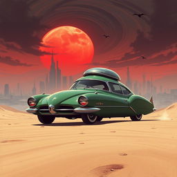 A digital illustration of a futuristic car set in a desert-like landscape