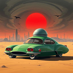 A digital illustration of a futuristic car set in a desert-like landscape