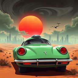 A digital illustration of a futuristic car set in a desert-like landscape