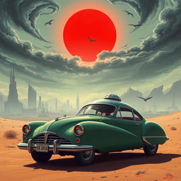 A digital illustration of a futuristic car set in a desert-like landscape
