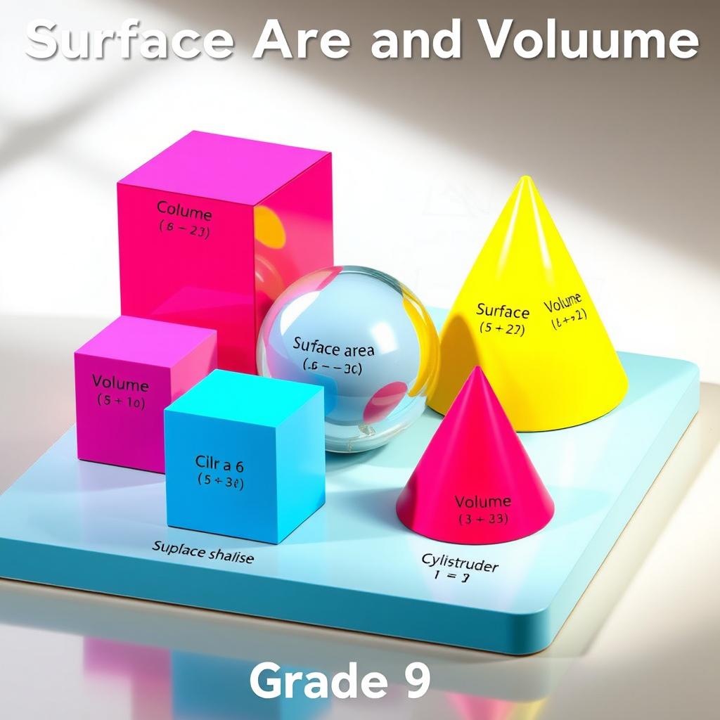 A visually engaging educational model illustrating the surface area and volume of various solid shapes such as a cube, sphere, cylinder, and cone