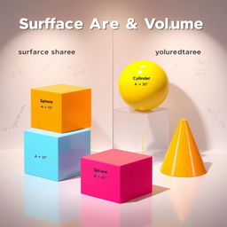A visually engaging educational model illustrating the surface area and volume of various solid shapes such as a cube, sphere, cylinder, and cone