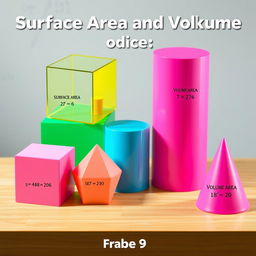A visually engaging educational model illustrating the surface area and volume of various solid shapes such as a cube, sphere, cylinder, and cone