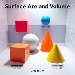 A visually engaging educational model illustrating the surface area and volume of various solid shapes such as a cube, sphere, cylinder, and cone