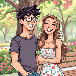 A comic book style illustration of a young man and a young woman engaged in a friendly conversation