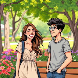 A comic book style illustration of a young man and a young woman engaged in a friendly conversation