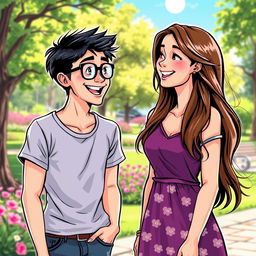 A comic book style illustration of a young man and a young woman engaged in a friendly conversation