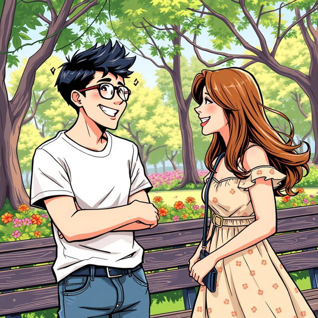 A comic book style illustration of a young man and a young woman engaged in a friendly conversation