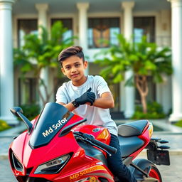 A young boy named 'Md Sofar' sitting confidently on a modern, sleek red sports motorcycle, parked in front of a beautiful villa featuring tall white pillars and lush greenery in the background