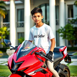 A young boy named 'Md Sofar' sitting confidently on a modern, sleek red sports motorcycle, parked in front of a beautiful villa featuring tall white pillars and lush greenery in the background