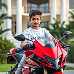 A young boy named 'Md Sofar' sitting confidently on a modern, sleek red sports motorcycle, parked in front of a beautiful villa featuring tall white pillars and lush greenery in the background