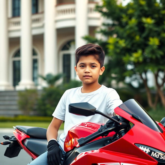 A young boy named 'Md Sofar' sitting confidently on a modern, sleek red sports motorcycle, parked in front of a beautiful villa featuring tall white pillars and lush greenery in the background