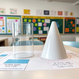 A detailed illustration of a working model designed to teach grade 9 students about the surface area and volume of a cylinder and a cone
