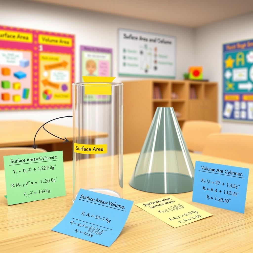 A detailed illustration of a working model designed to teach grade 9 students about the surface area and volume of a cylinder and a cone