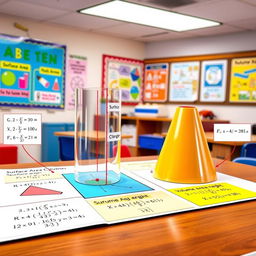 A detailed illustration of a working model designed to teach grade 9 students about the surface area and volume of a cylinder and a cone