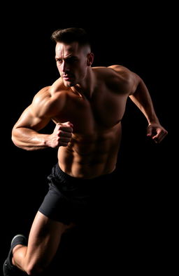 A strong, muscular man running with determination, his features highlighted against a stark black background