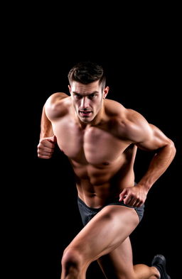 A strong, muscular man running with determination, his features highlighted against a stark black background