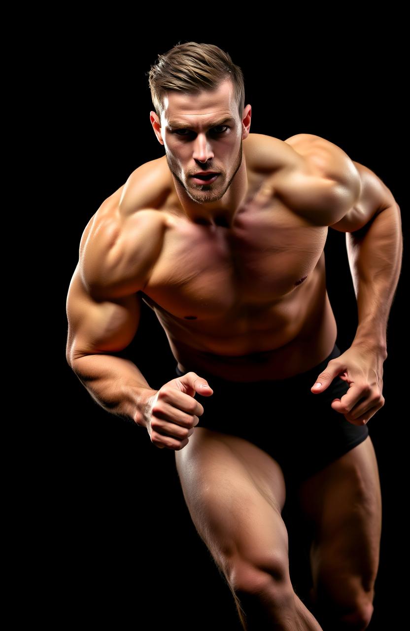 A strong, muscular man running with determination, his features highlighted against a stark black background
