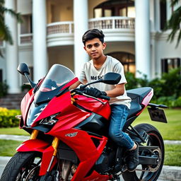 A young boy named 'Md Sofar', approximately 16 years old, sitting confidently on a modern, sleek red sports motorcycle parked in front of a beautiful villa featuring tall white pillars and lush greenery in the background