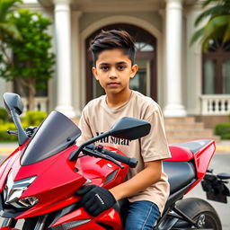 A young boy named 'Md Sofar', approximately 16 years old, sitting confidently on a modern, sleek red sports motorcycle parked in front of a beautiful villa featuring tall white pillars and lush greenery in the background