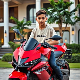 A young boy named 'Md Sofar', approximately 16 years old, sitting confidently on a modern, sleek red sports motorcycle parked in front of a beautiful villa featuring tall white pillars and lush greenery in the background