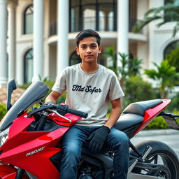 A young boy named 'Md Sofar', approximately 16 years old, sitting confidently on a modern, sleek red sports motorcycle parked in front of a beautiful villa featuring tall white pillars and lush greenery in the background