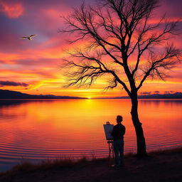 A tranquil natural landscape at sunset, featuring a serene lake reflecting the vibrant colors of the sky in orange, pink, and purple hues